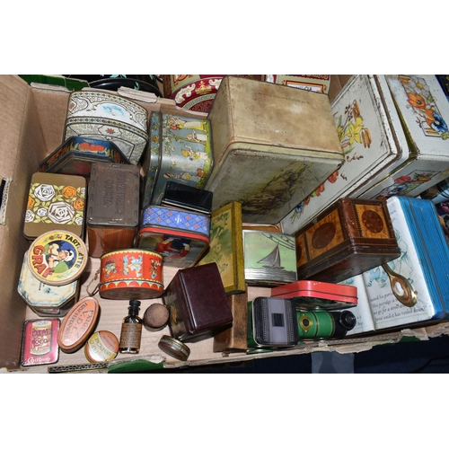 544 - FOUR BOXES OF ADVERTISING TINS ETC, to include Mackintosh's De Luxe Favourites, Rowntree's Cocoa, C.... 