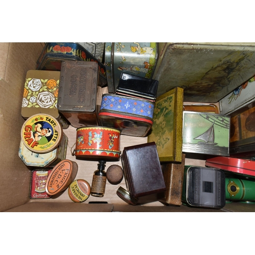 544 - FOUR BOXES OF ADVERTISING TINS ETC, to include Mackintosh's De Luxe Favourites, Rowntree's Cocoa, C.... 