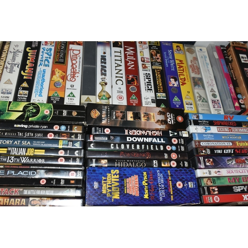 545 - FIVE BOXES OF DVDS, VHS CASSETTES AND MAGAZINES ETC, DVDs include action films, Monty Python film bo... 