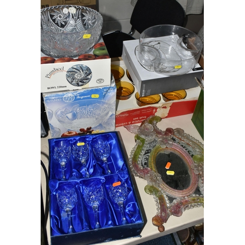 546 - FOUR BOXES AND LOOSE ASSORTED GLASSWARES ETC, to include a boxed set of six Bohemia Crystal wine gla... 