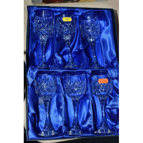 546 - FOUR BOXES AND LOOSE ASSORTED GLASSWARES ETC, to include a boxed set of six Bohemia Crystal wine gla... 