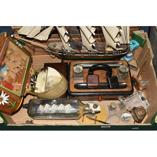 547 - TWO BOXES AND LOOSE ASSORTED SUNDRY ITEMS ETC, to include a ship in a bottle, a wooden model of a sh... 