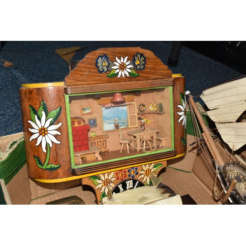 547 - TWO BOXES AND LOOSE ASSORTED SUNDRY ITEMS ETC, to include a ship in a bottle, a wooden model of a sh... 