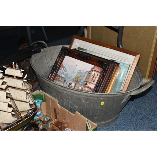 547 - TWO BOXES AND LOOSE ASSORTED SUNDRY ITEMS ETC, to include a ship in a bottle, a wooden model of a sh... 