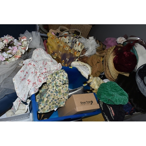 550 - FIVE BOXES AND LOOSE VINTAGE CLOTHING AND ACCESSORIES, to include a 1970's nylon wedding dress, 1990... 