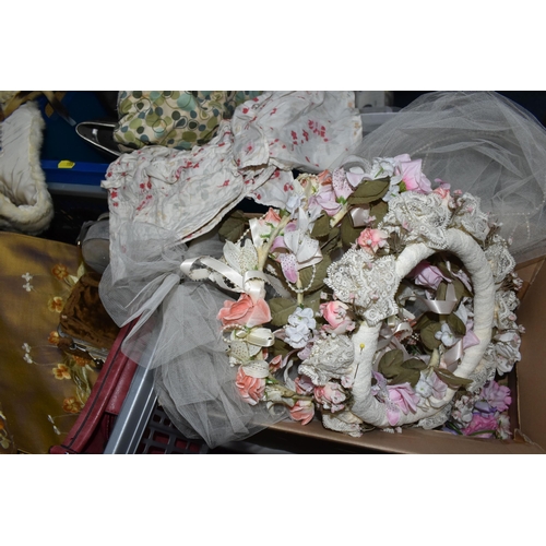 550 - FIVE BOXES AND LOOSE VINTAGE CLOTHING AND ACCESSORIES, to include a 1970's nylon wedding dress, 1990... 