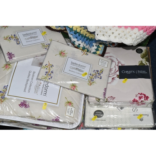 551 - FOUR BOXES OF VINTAGE BED THROWS AND TABLE LINEN, to include a large quantity of handmade crochet th... 