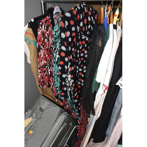 552 - TWO BOXES, SUITCASE AND LOOSE VINTAGE CLOTHING, to include a 1980's Pronuptia wedding dress, long sl... 