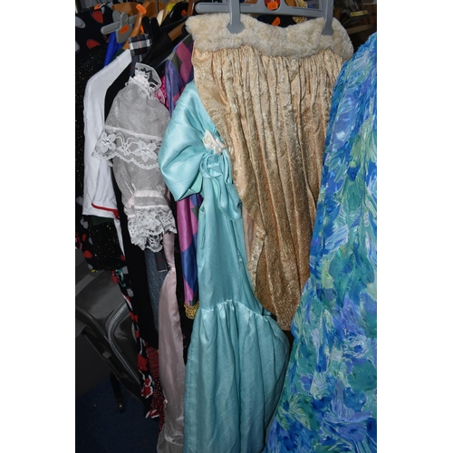 552 - TWO BOXES, SUITCASE AND LOOSE VINTAGE CLOTHING, to include a 1980's Pronuptia wedding dress, long sl... 