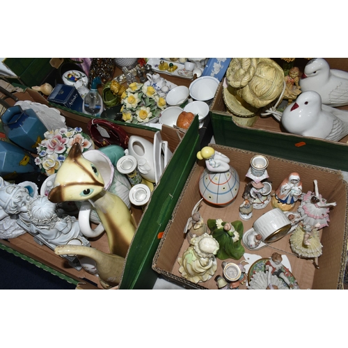 556 - FOUR BOXES AND LOOSE ORNAMENTS ETC, to include a Beswick Shire Foal 1053, Sylvac 2051 puppy and shoe... 