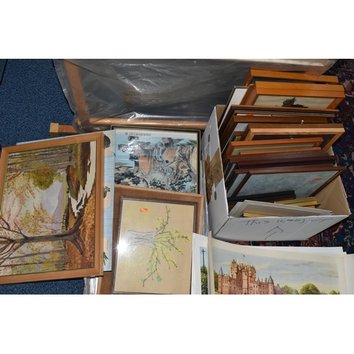 559 - A BOX AND LOOSE ASSORTED PICTURES AND PRINTS ETC, to include original Railway carriage prints M.V. C... 