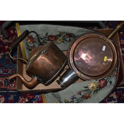 560 - ONE BOX OF METALWARE, to include a copper kettle, a 19th century copper bed warmer, and Elkington 'M... 