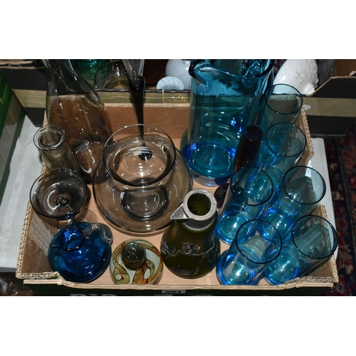 561 - TWO BOXES OF DECORATIVE GLASS ITEMS, to include a small Whitefriars kingfisher blue jug, two ribbed ... 