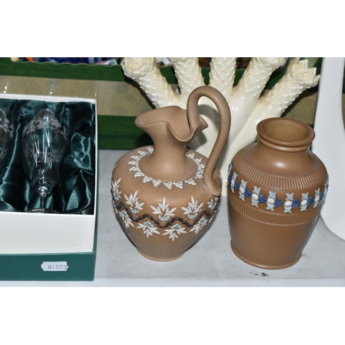 563 - TWO BOXES AND LOOSE CERAMICS AND GLASS, to include three blue floral pattern vases with silver mount... 