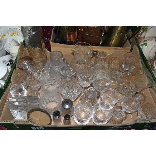 564 - FOUR BOXES OF CERAMICS, GLASS AND SUNDRY ITEMS ETC, to include two Whitefriars Glacier whisky glasse... 