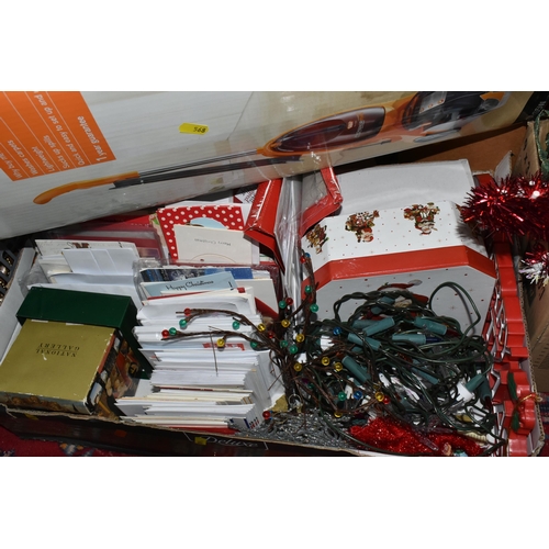 568 - SIX BOXES AND ONE SUITCASE OF CHRISTMAS DECORATIONS, wrapping paper, tree ornaments, baubles, gift b... 