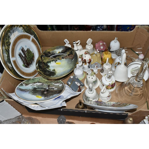 573 - THREE BOXES OF ORNAMENTS AND COLLECTOR'S PLATES, to include a large collection of cut glass and cera... 