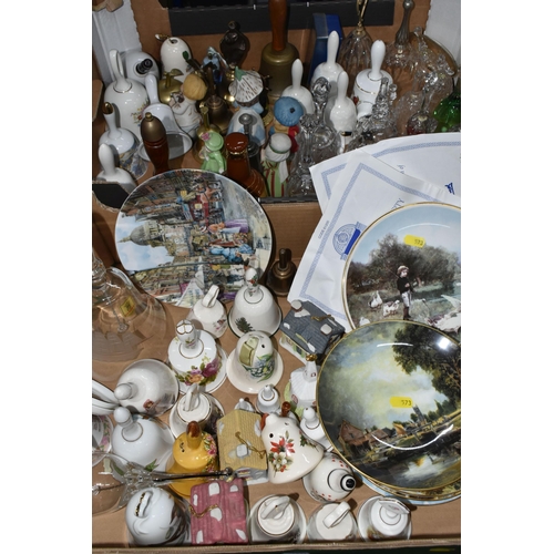 573 - THREE BOXES OF ORNAMENTS AND COLLECTOR'S PLATES, to include a large collection of cut glass and cera... 