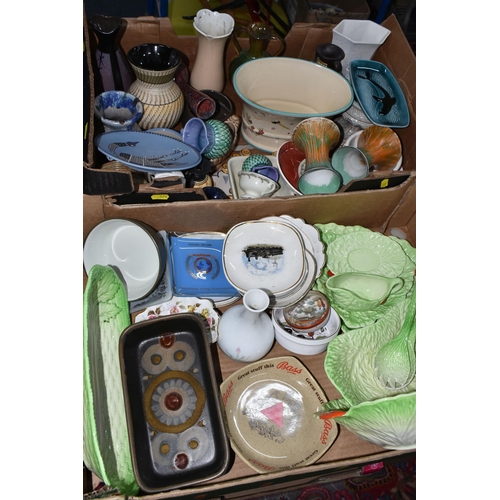 574 - TWO BOXES OF CERAMICS, to include Carlton Ware 'Lettuce leaf' tableware, a pair of mid-century  gree... 