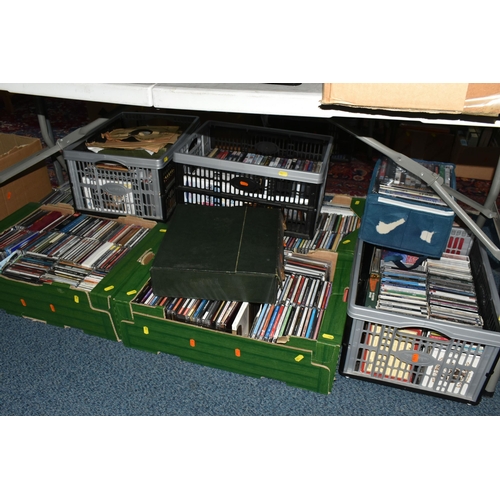 580 - TEN BOXES OF CDS, DVDS, LPS & SINGLE RECORDS containing several hundred CDs, categories include, pop... 