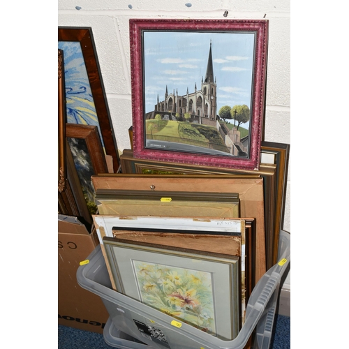 582 - THREE BOXES OF 20TH CENTURY PAINTINGS AND PRINTS, to include two G Fratelli Venetian watercolours, a... 