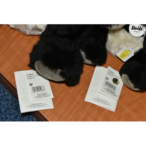 602 - TWO STEIFF PANDA TED, no's.010637 and 010620, heights 42cm and 28cm respectively, with tags and pape... 