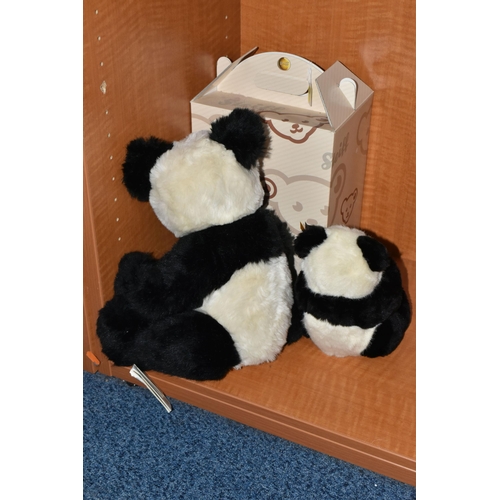 602 - TWO STEIFF PANDA TED, no's.010637 and 010620, heights 42cm and 28cm respectively, with tags and pape... 