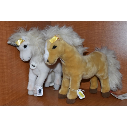 604 - TWO STEIFF HORSES AND TWO STEIFF UNICORNS, ONE BEING A KEYRING, comprising 'Starly', no.015007, acry... 