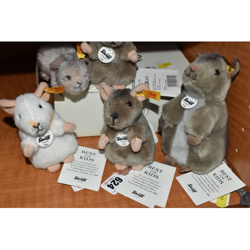 624 - FIVE STEIFF MICE, comprising two 'Piff', no.056222, grey acrylic, height 10cm, white 'Pilla', no. 05... 