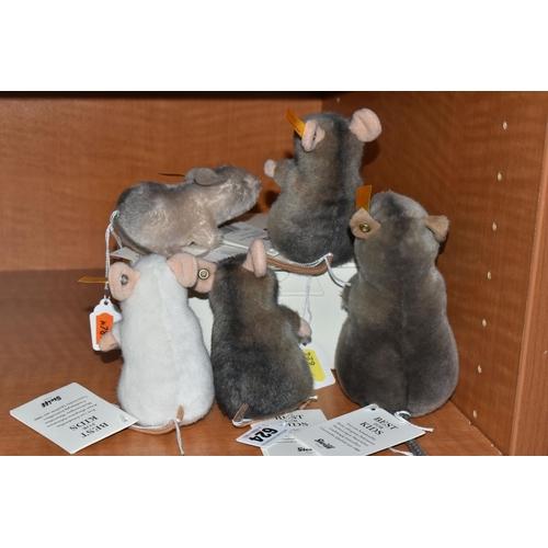 624 - FIVE STEIFF MICE, comprising two 'Piff', no.056222, grey acrylic, height 10cm, white 'Pilla', no. 05... 