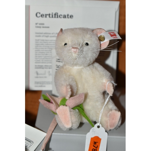 636 - THREE BOXED STEIFF LIMITED EDITION MICE, comprising 'Lena', 006319, ltd ed no. 1328/1500, grey/white... 