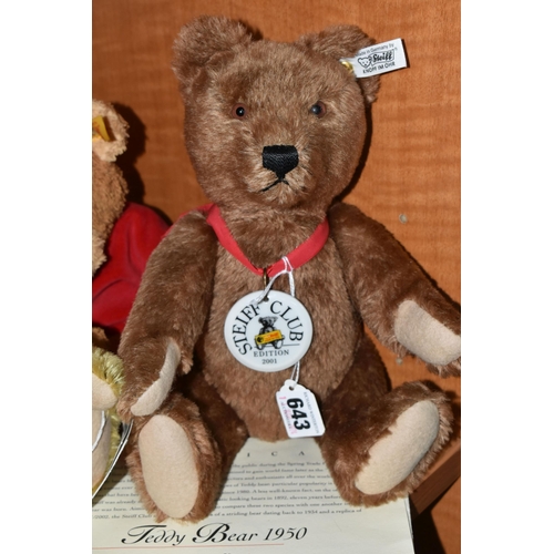 643 - A LIMITED EDITION STEIFF CLUB BEAR 1950, dark brown, height 35cm, No.00294- white ear tag 420245 and... 