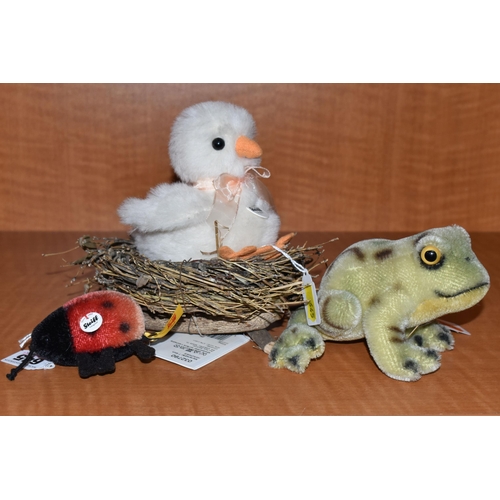 645 - THREE STEIFF ANIMALS, comprising 'Chick In the Nest 033087, height 12cm, 'Froggy Frog' 092060, heigh... 