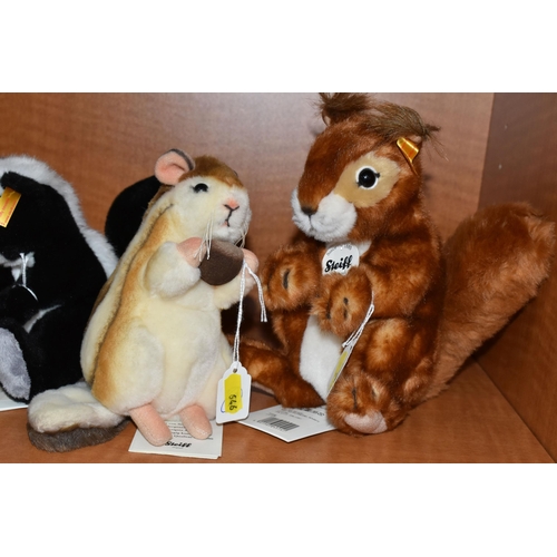 646 - FIVE STEIFF WOODLAND CREATURES, comprising Nikki Squirrel 045141, Sniffy  Skunk 083589, Kecki Chipmu... 