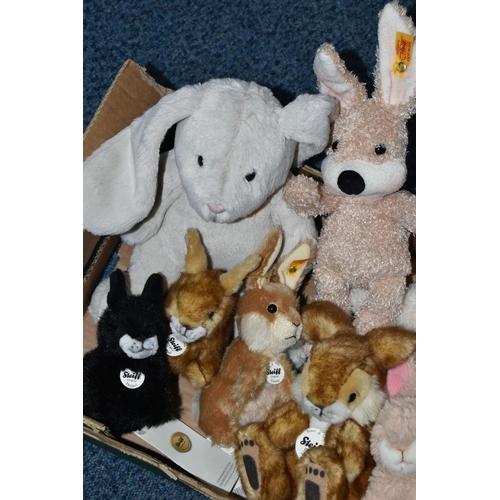 652 - ONE BOX OF STEIFF RABBITS, to include eight Steiff bunnies, Timmy, Hoppel, Poppel, etc. most have sw... 