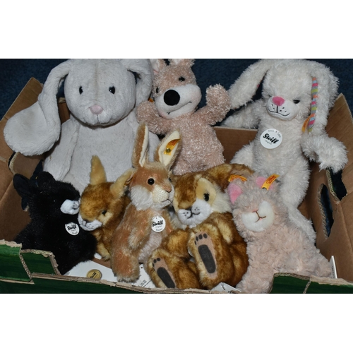 652 - ONE BOX OF STEIFF RABBITS, to include eight Steiff bunnies, Timmy, Hoppel, Poppel, etc. most have sw... 