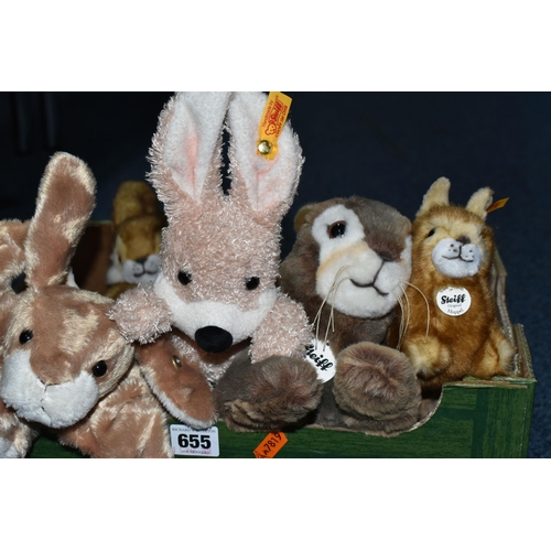 655 - ONE BOX OF STEIFF RABBITS, to include six Steiff Rabbits, Dormili, Mr.Cupcake, Hoppel Hare, Poppel, ... 