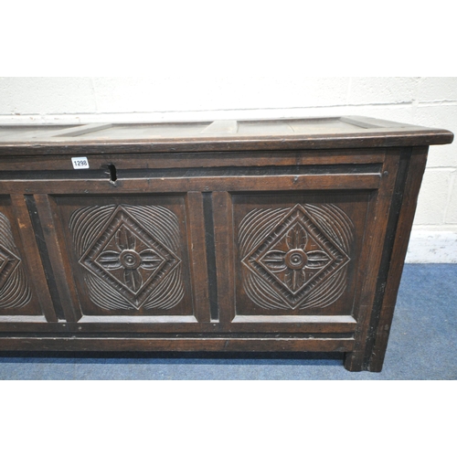 1298 - A GEORGIAN OAK PANELLED COFFER, with carved diamonds, width 130cm x depth 55cm x height 60cm (condit... 