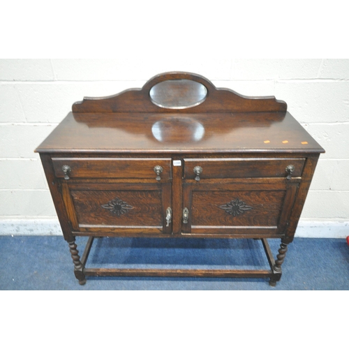 1299 - AN OAK SIDEBOARD, with a raised back, two drawers, and double cupboard doors, width 120cm x depth 44... 