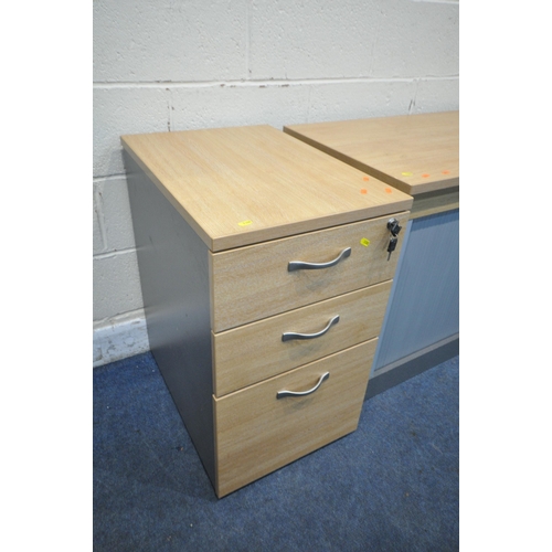 1300 - THREE MODERN OFFICE FURNITURE PIECES, to include a tambour front cabinet, and two three drawer filin... 