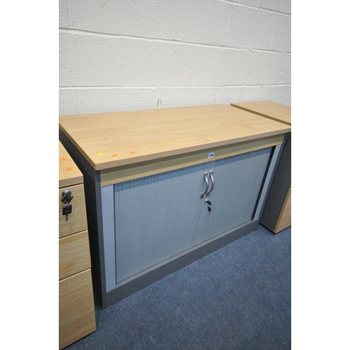 1300 - THREE MODERN OFFICE FURNITURE PIECES, to include a tambour front cabinet, and two three drawer filin... 