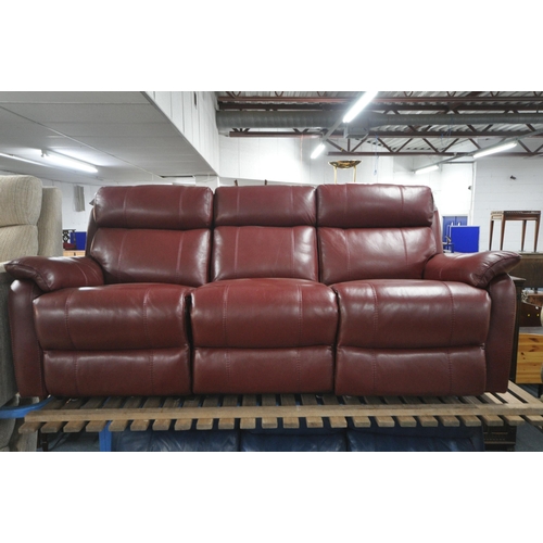 1306 - A RED LEATHER ELECTRIC THREE SEATER SOFA, with multiple buttons to recline, adjustable headrest, cen... 