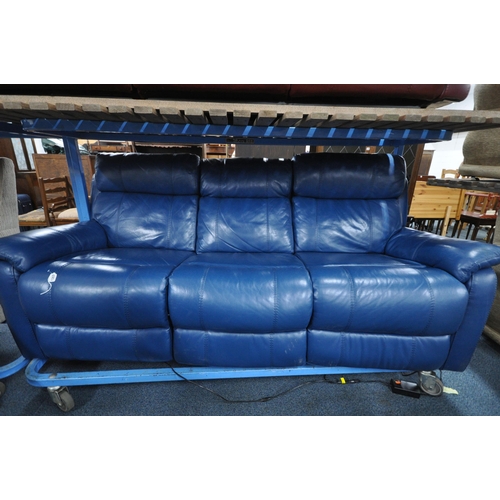 1307 - A BLUE LEATHER ELECTRIC THREE SEATER SOFA, with multiple buttons to recline, adjustable headrest, ce... 