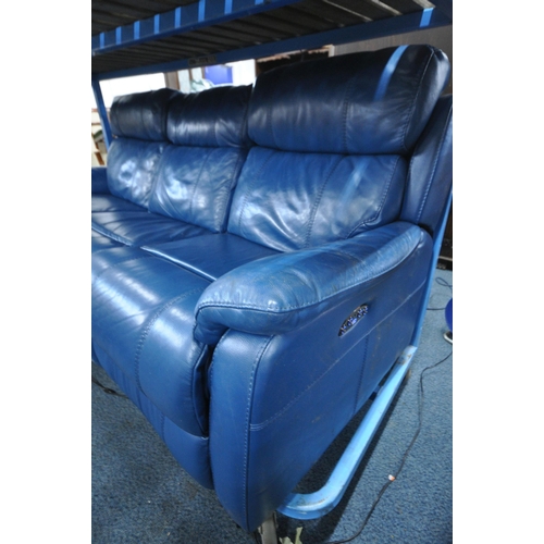 1307 - A BLUE LEATHER ELECTRIC THREE SEATER SOFA, with multiple buttons to recline, adjustable headrest, ce... 