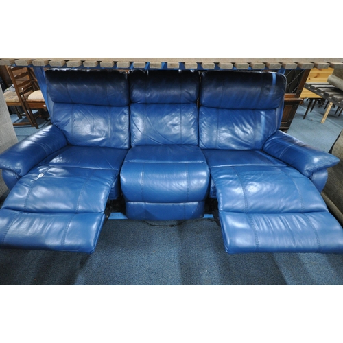 1307 - A BLUE LEATHER ELECTRIC THREE SEATER SOFA, with multiple buttons to recline, adjustable headrest, ce... 