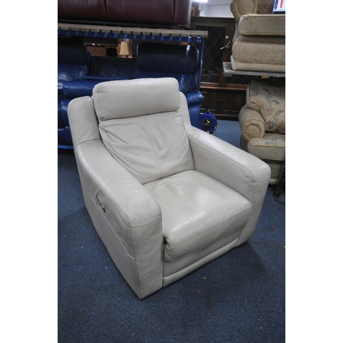 1307 - A BLUE LEATHER ELECTRIC THREE SEATER SOFA, with multiple buttons to recline, adjustable headrest, ce... 