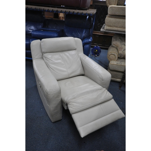 1307 - A BLUE LEATHER ELECTRIC THREE SEATER SOFA, with multiple buttons to recline, adjustable headrest, ce... 