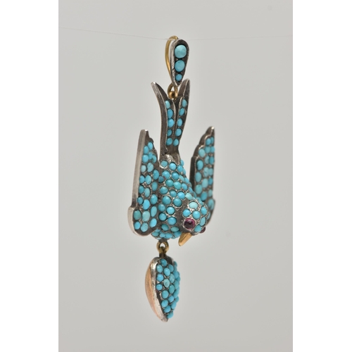 1 - A VICTORIAN YELLOW AND WHITE METAL, TURQUOISE SET SWALLOW PENDANT, the body of the swallow set with ... 