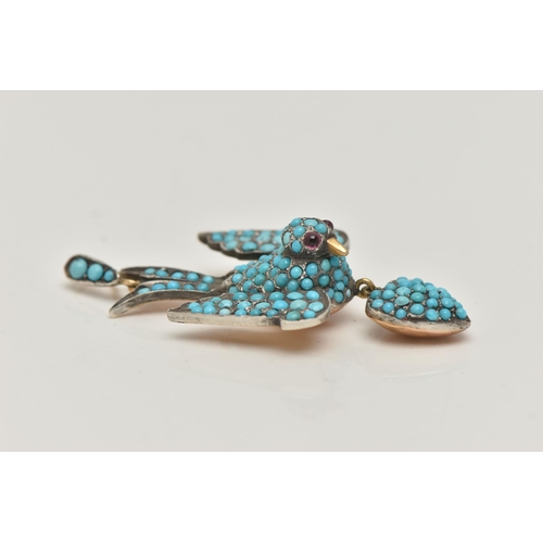 1 - A VICTORIAN YELLOW AND WHITE METAL, TURQUOISE SET SWALLOW PENDANT, the body of the swallow set with ... 