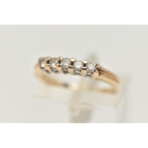 11 - A 9CT GOLD DIAMOND FIVE STONE RING, set with a row of five small, round brilliant cut diamonds, shar... 